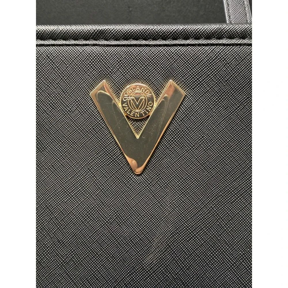 Orlandi Valentino Black Tote Handbag Gold Tone Logo Shoulder Bag Large Purse